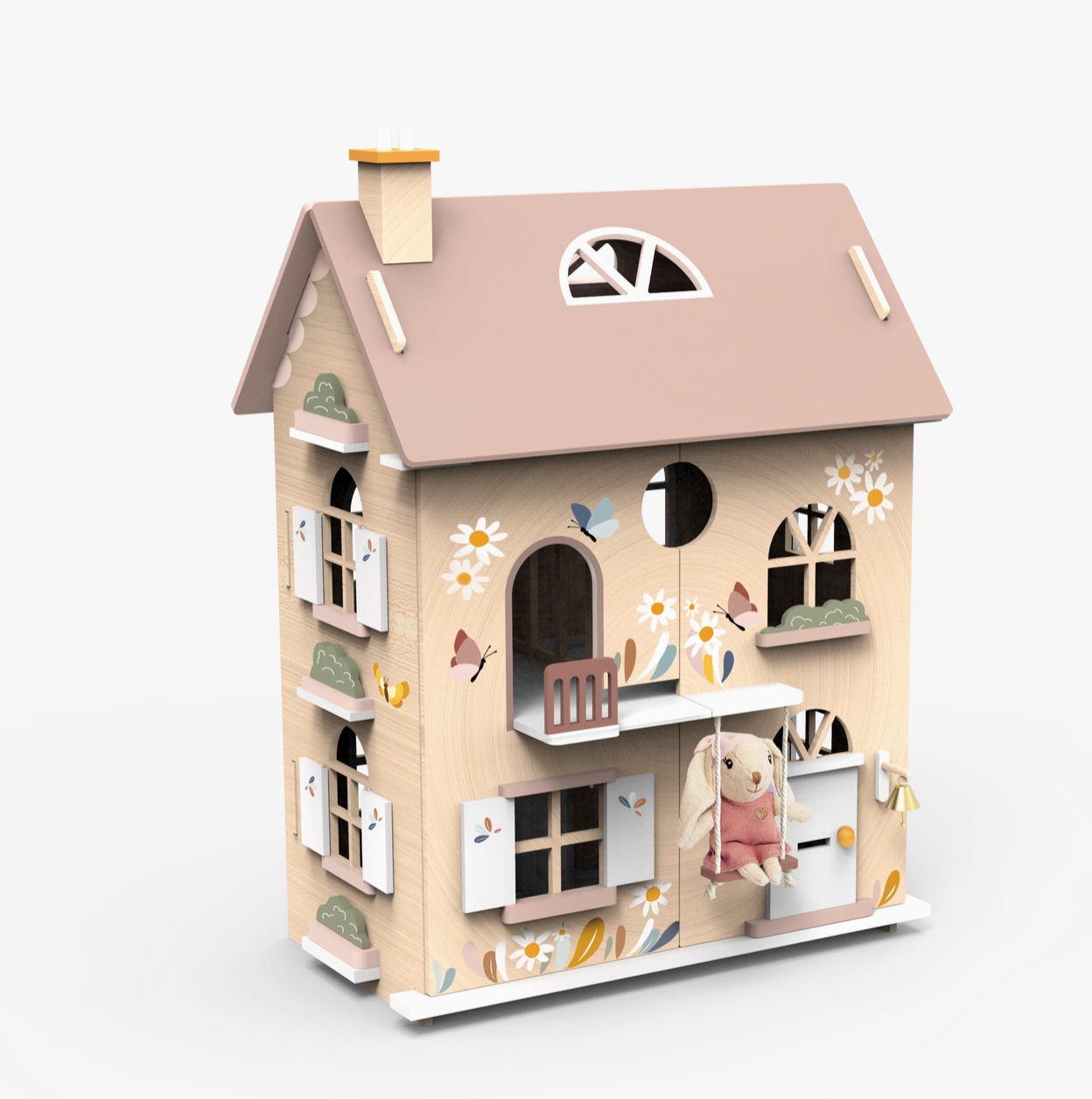 Flowers Cottage Wooden Dollhouse with Starter Furniture Set