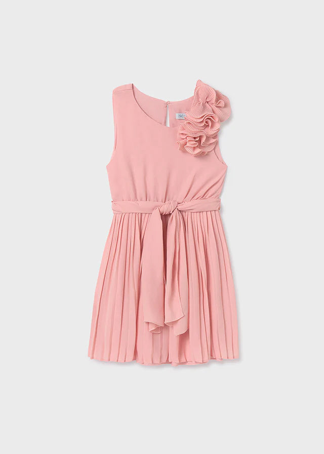 ABEL & LULA PLEATED ROSE CHIFON DRESS WITH RUFFLED SHOULDER DETAIL