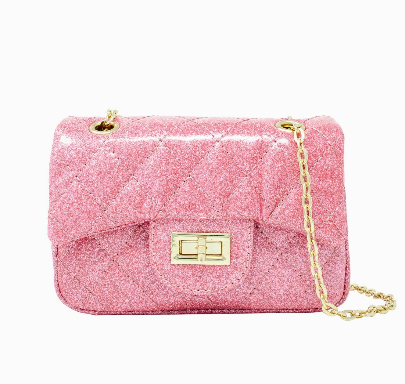 Hot pink quilted mini crossbody bag with gold hardware and adjustable strap
