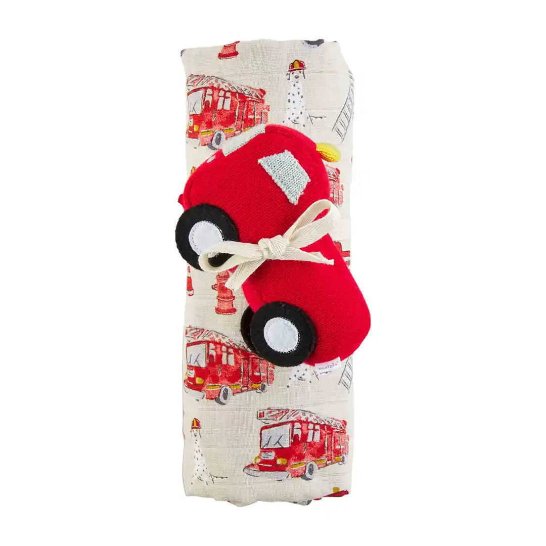 Fire Truck Muslin Swaddle and Rattle Set