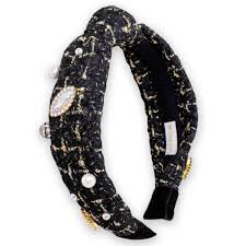 Black Tweed Embellished Knot Headband