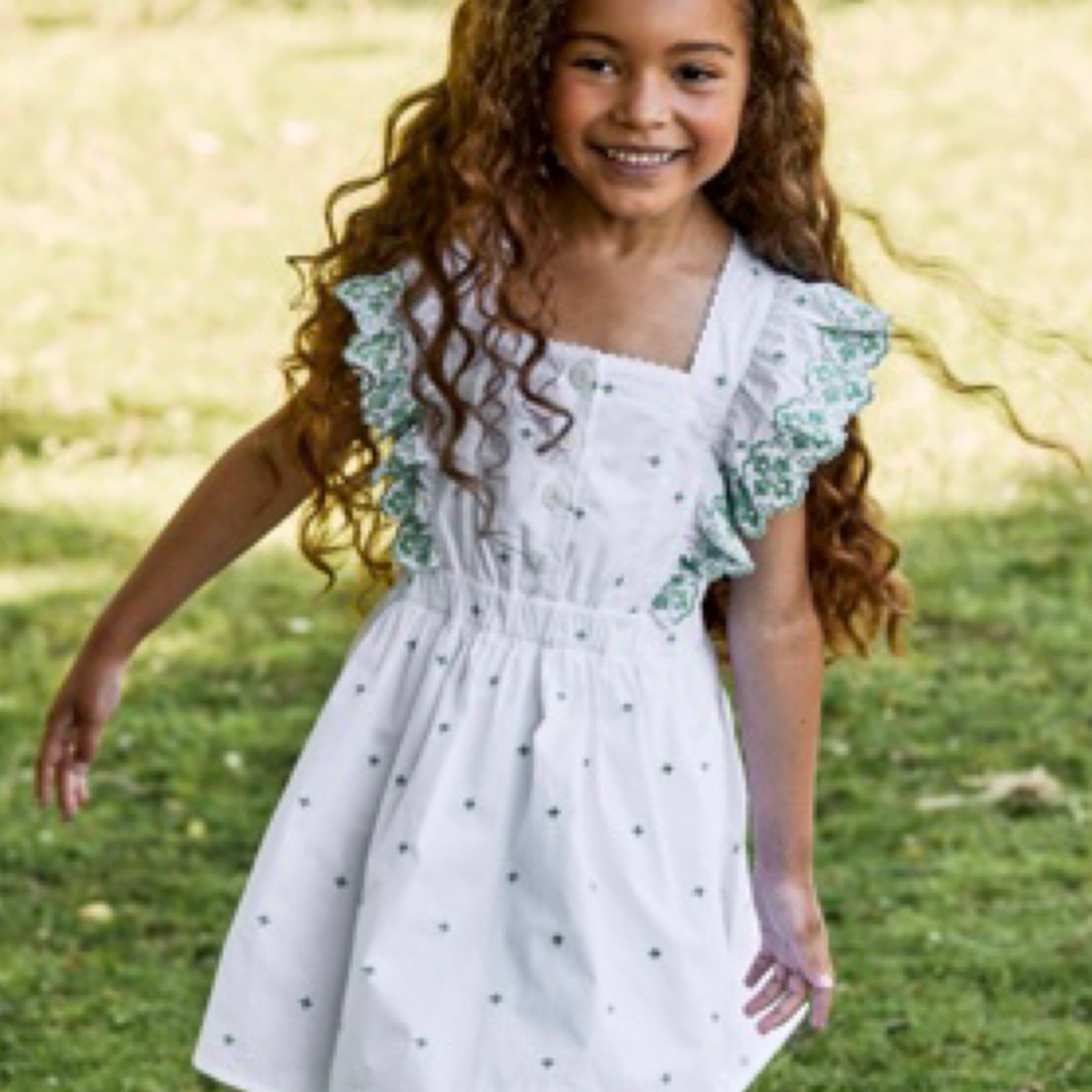 Lelapin Flutter Sleeve White and Green Dress