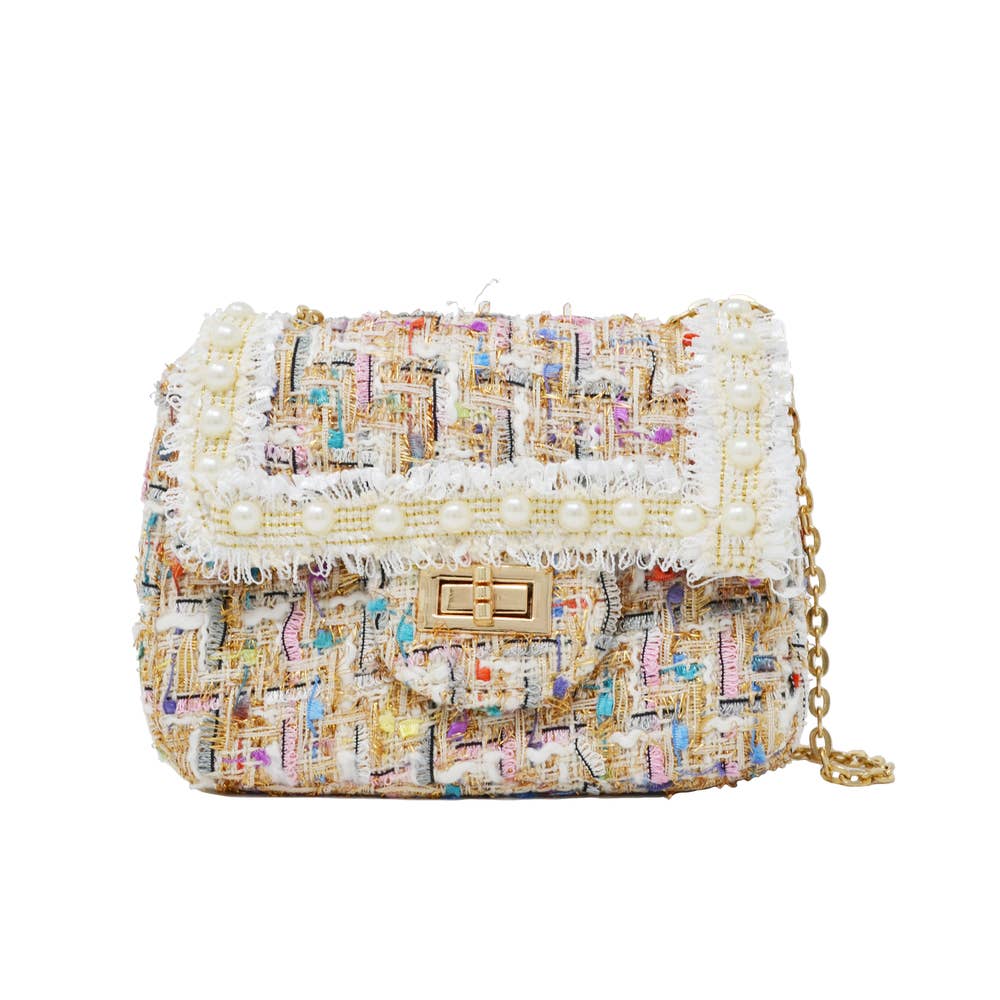 Classic Tweed Handbag Purse with Pearls white