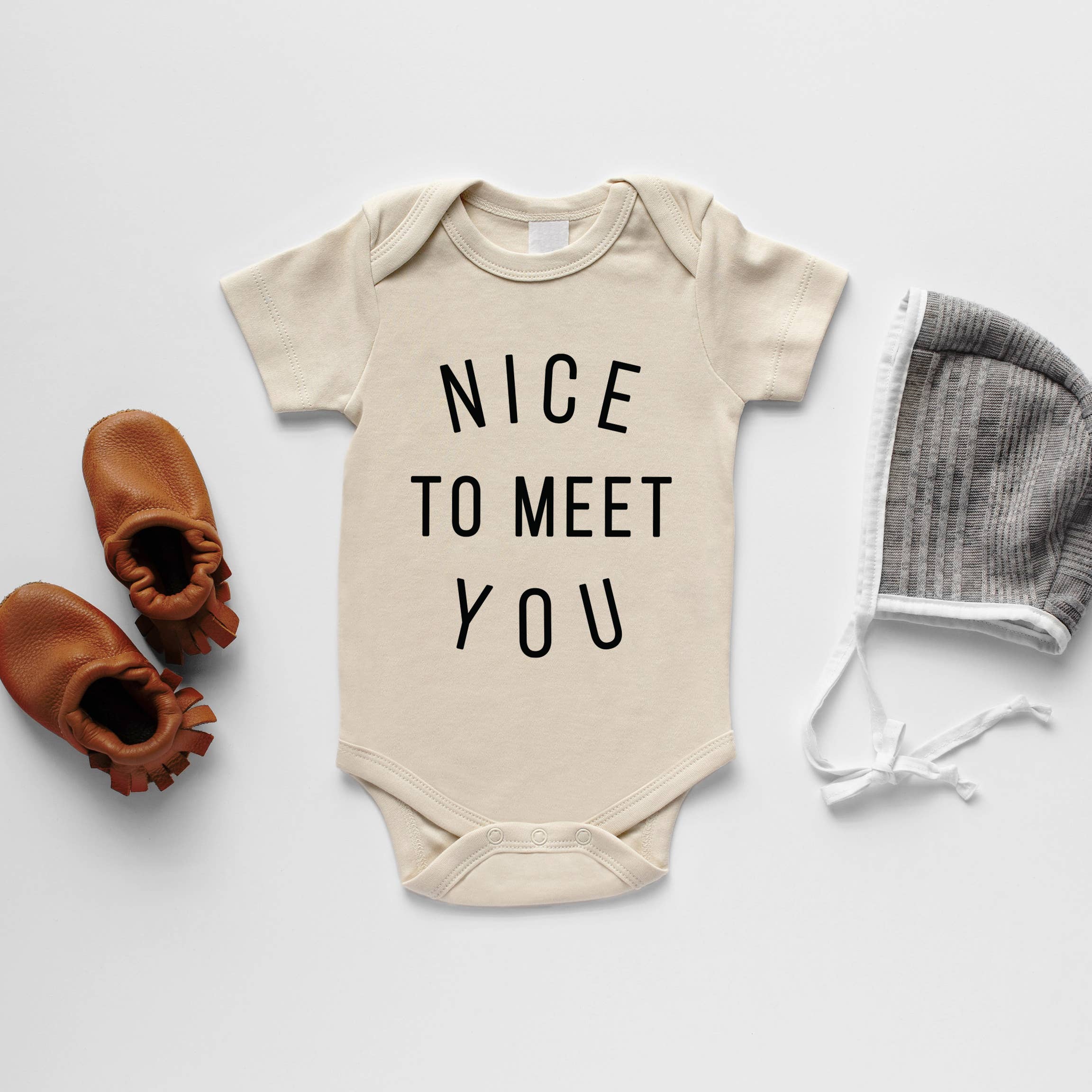 Cream Nice To Meet You Organic Baby Bodysuit