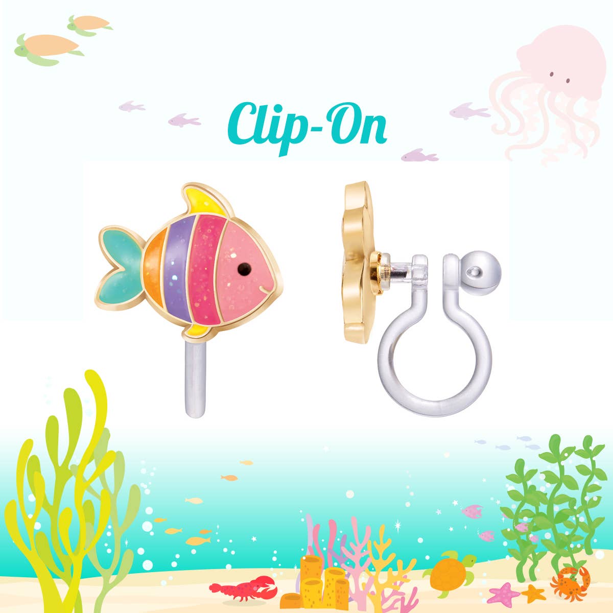 CLIP ON Cutie Earrings- Glitter Rainbow Fish