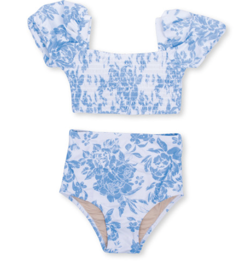 Shade Critters High Waist Smocked Bikini - Blue Bouquet