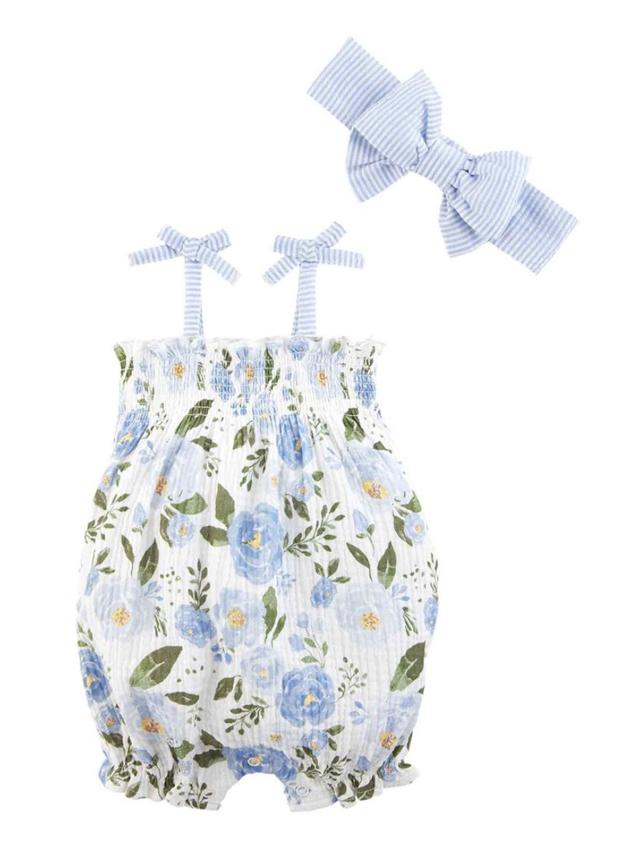 Blue Flower Romper with matching Headband