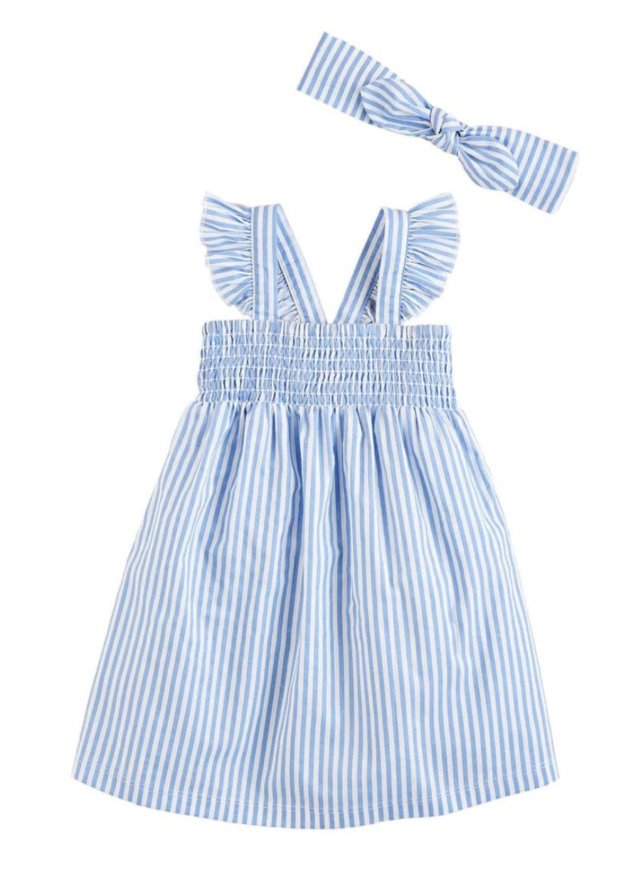 Smocked Sun Dress with matching headband Blue and White Stripe